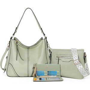 Women’s Light Green 3PCS PU Leather Purses Set  Crossbody Wallet & Hobo Tote Bag